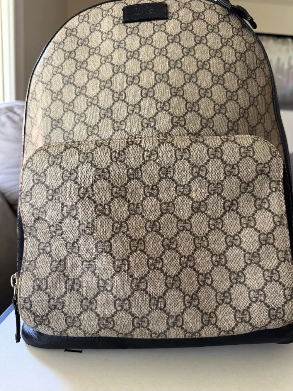 Gucci Brown Beige GG Supreme Canvas Backpack with Black Trim